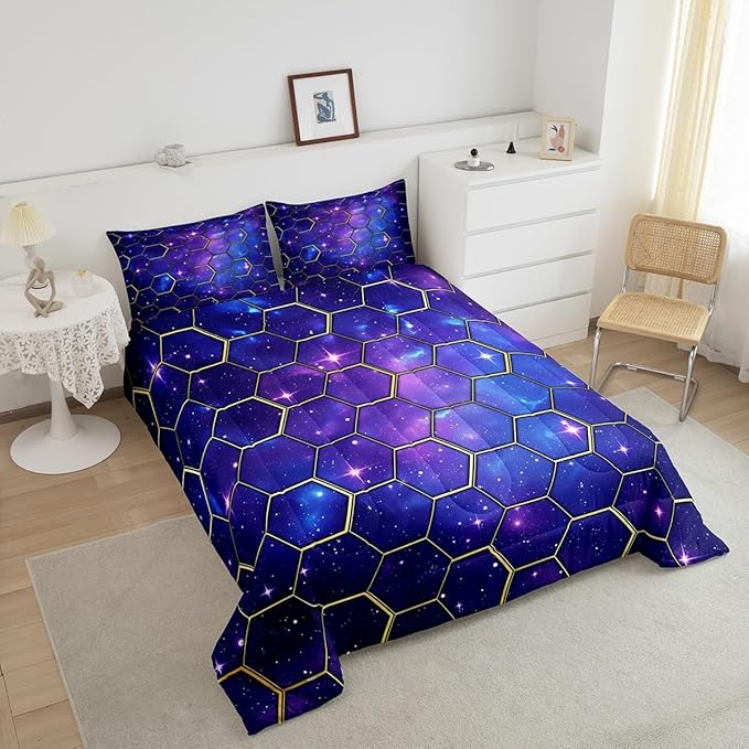 Manfei Yellow Honeycomb Comforter Set King Size, Blue Galaxy Bedding Set 3pcs, Geometric Hexagon Print on Starry Sky Down Comforter for All Season, Kids Boys Girls Room Decor, 2 Pillowcases