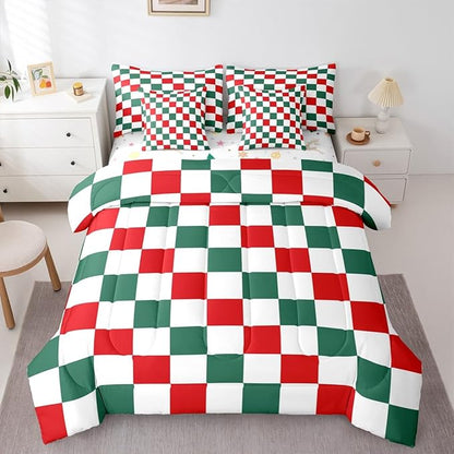 Feelyou Checkered Christmas Comforter Set with Sheets 7 Piece King Size Red Green Plaid Bedding Set for Kids Boys Girls Geometric Vintage Bed in a Bag Modern Simple Groovy Aesthetic Room Decor Soft