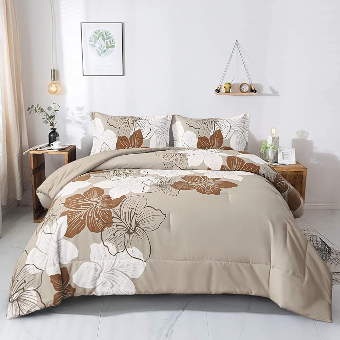 Menghomeus Brown Comforter Set Full Taupe Floral Comforter Botanical Bedding Sets, Soft Bed Comforter Set for All Season (1 Comforter, 2 Pillowcases)