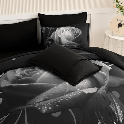 Xruibed Floral Comforter Queen Black Bed in a Bag Rose 7PCs Comforter Set Soft Micorfiber Bedding Set (1 Comforter,2 Pillow Shams,1 Flat Sheet,1 Fitted Sheet,2 Pillowcases)