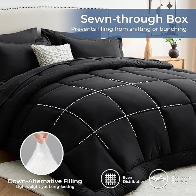 Sasttie King Size Comforter Set Black, 7 Pieces Bed in a Bag King, Complete Bedding Set Includes Comforter, Flat Sheet, Fitted Sheet, Pillowcases and Pillow Shams, Black