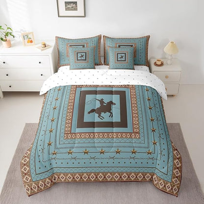 Feelyou Western Cowboy Comforter Set with Sheets Queen Size Kids Rodeo Cowboy Horse 7 Pieces Bedding Set for Boys Girls Teens Western Star Bed in a Bag Grunge Design Bed Set