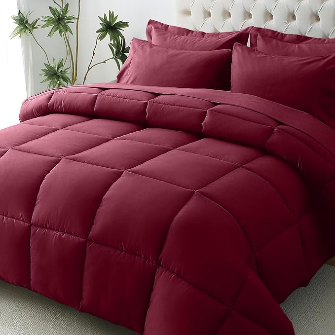 JOLLYVOGUE Queen Comforter Set, Ultra-Soft Bed in a Bag Queen Size 7 Pieces, Oeko-TEX Certified Bedding Set with Down Alternative Comforter, Sheets, Pillowcases & Shams, Burgundy