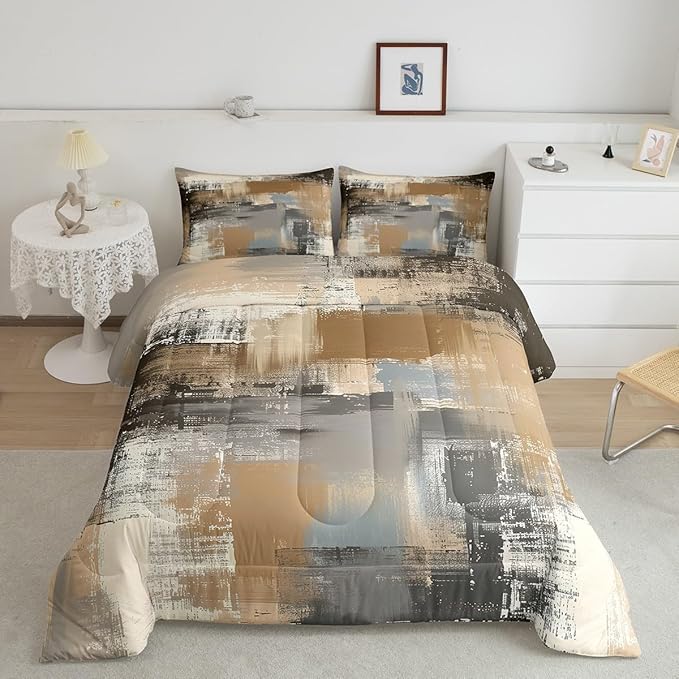 Graffiti Grunge Comforter Set,Brown Grey Tie Dyed Bedding Sets for Women Men,Hand Painted Watercolor Duvet Insert Lightweight,Ombre Oil Painting Down Comforter with 2 Pillowcases Warm,Queen