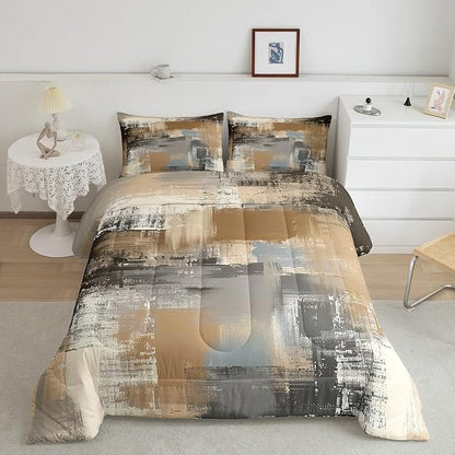 Graffiti Grunge Comforter Set,Brown Grey Tie Dyed Bedding Sets for Women Men,Hand Painted Watercolor Duvet Insert Lightweight,Ombre Oil Painting Down Comforter with 2 Pillowcases Warm,Queen
