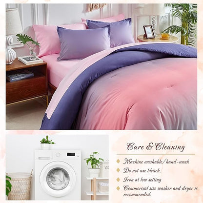 Grey Pink and Purple Gradient Comforter Set Queen Size 7 Pieces Elegant Ombre Bed in a Bag - Reversible All Season Bedding Set with Comforter, Flat Sheet, Fitted Sheet, 2 Pillowcases & 2 Pillow Shams