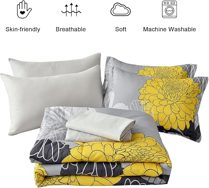 Yiran 7 Pieces Bed in a Bag Yellow Floral Comforter Set Flowers Comforter Sets Soft Microfiber Bedding Set Queen Size (1 Comforter 1 Flat Sheet 1 Fitted Sheet 2 Pillowshams 2 Pillowcases)
