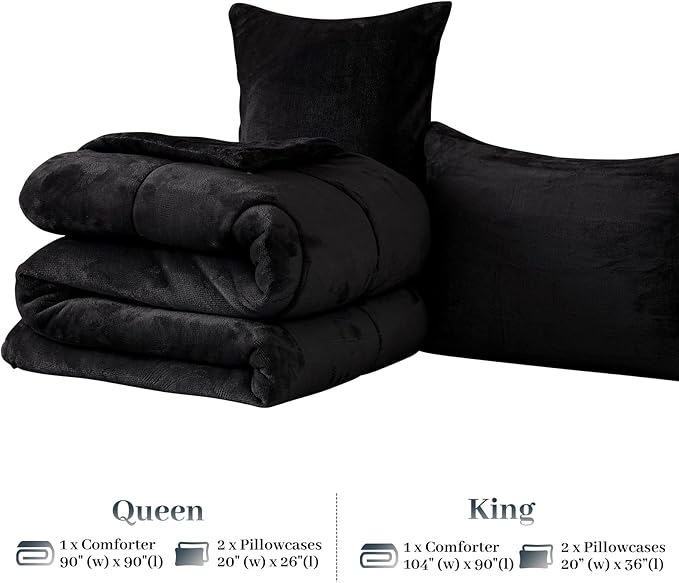 YIYEA Fluffy King Size Comforter Set, Luxury Faux Fur Comforter, Ultra Soft Plush Fuzzy Velvet Bedding Comforter Sets for Fall Winter, Cozy Warmth, No Shedding, 3PC, King, Black