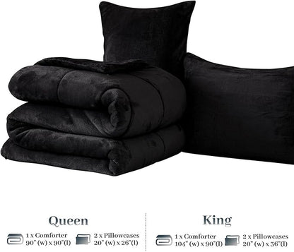 YIYEA Fluffy King Size Comforter Set, Luxury Faux Fur Comforter, Ultra Soft Plush Fuzzy Velvet Bedding Comforter Sets for Fall Winter, Cozy Warmth, No Shedding, 3PC, King, Black