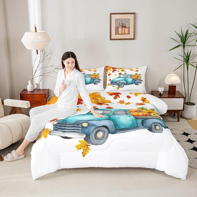 Pumpkin Truck Bedding Set Fall Thanksgiving Harvest Seasonal Comforter Set Twin Autumn Maple Leaf Bed Comforter Set Farmhouse Home Room Decor Watercolor Quilt Duvet Orange White 1 Pillow Case