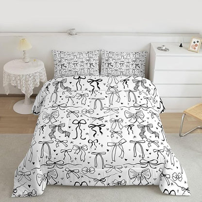 Castle Fairy Black Bowknot Comforter Set King Size,Bow Tie Knot Pattern Bedding Sets 3Pcs for Kids Girls Women Room Decor,Sweet Princess Style Quilted Duvet Girly Modern Down Comforter,2 Pillowcases