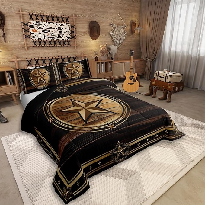 Erosebridal Western Texas Star Bedding Set Full Size, Boys Southwestern Decor Comforter Set Vintage Country Cowboy Duvet Insert Rustic Farmhouse Quilt for Kids Teens Youth Adult Bedroom Decor