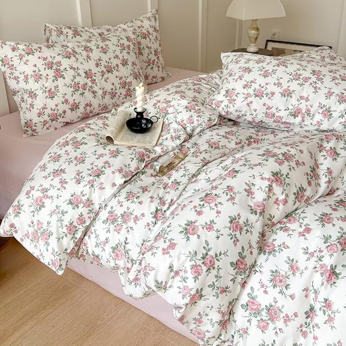 MKXI Queen Red Floral Comforter Set for Girls Botanical Bedding Comforter Red Flowers Print Vintage Farmhouse Bed Comforters