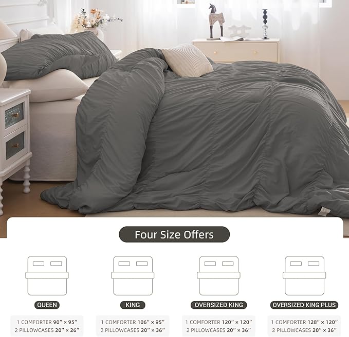 Lady Ann Gray Ruched Comforters Oversized King Size 120x120 Bedding Comforter Sets for Bedroom, 3 Piece Fluffy Boho Bedroom Set with Pillow Shams Soft All Season Bed Sets