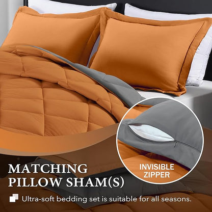 downluxe Queen Comforter Set - Burnt Orange and Grey Queen Comforter, Soft Bedding Sets for All Seasons -3 Pieces - 1 Comforter (88"x92") and 2 Pillow Shams(20"x26")