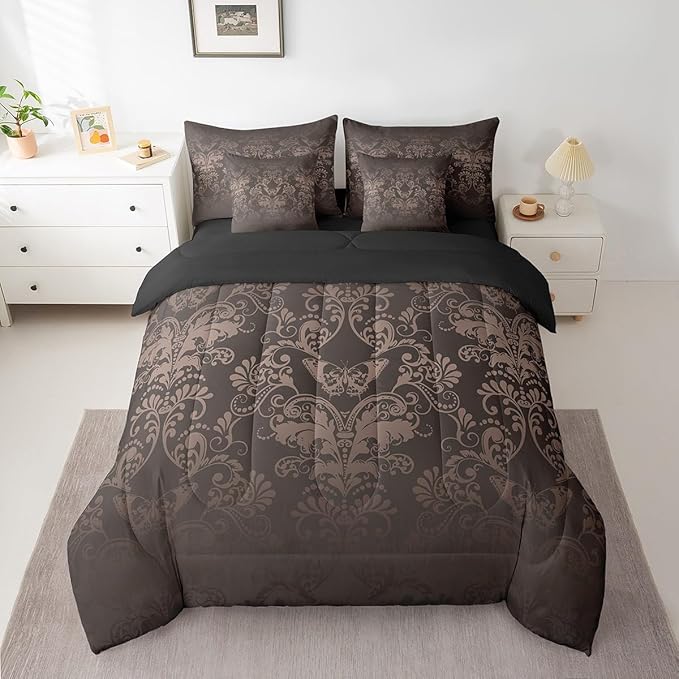 Erosebridal Gothic Damask Bed in a Bag King Size Comforter Set 7 Pieces,Butterfly Skull Bedding Sets Black Brown Victorian Floral Goth Sheet Set with Comforter
