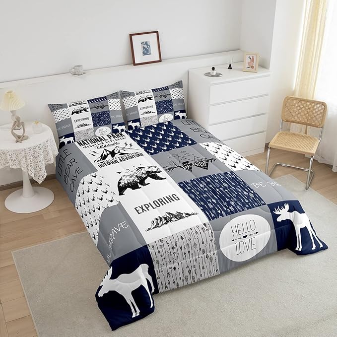 Feelyou Bear Deer Comforter Set Hunting Camping Bedding Set for Kids Boys Girls Deer Antler Comforter Rustic Cabin Plaid Duvet Set 1 Comforter Set with 2 Pillowcases King Size Boys