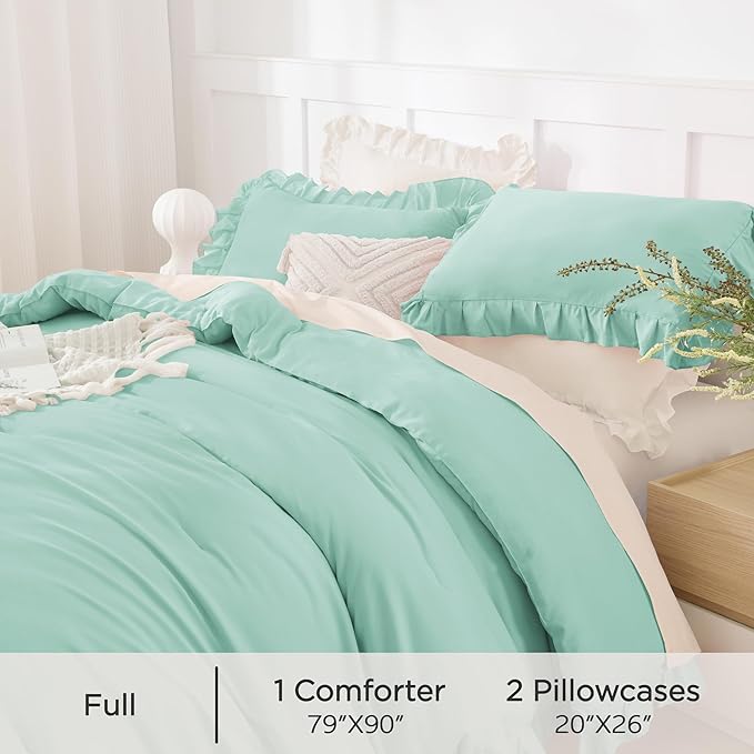 Andency Mint Green Comforter Full Size, 3 Pieces Solid Farmhouse Shabby Chic Ruffle Bedding Sets, All Season Soft Lightweight Comfy Down Alternative Bed Set for Girls Teens Men Women