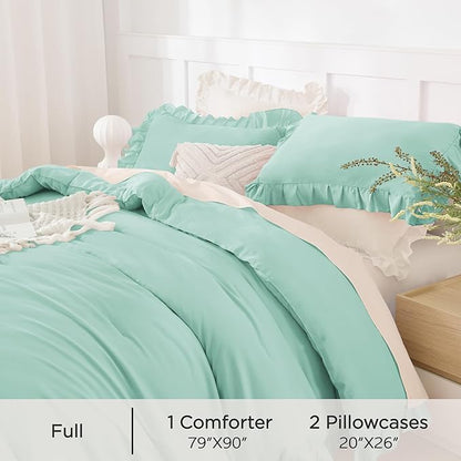 Andency Mint Green Comforter Full Size, 3 Pieces Solid Farmhouse Shabby Chic Ruffle Bedding Sets, All Season Soft Lightweight Comfy Down Alternative Bed Set for Girls Teens Men Women