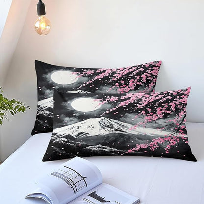 Japanese Cherry Blossom Comforter Set Full Grey Pink Floral Bedding Set for Japan Decor Mount Fuji Bedding Soft Lightweight Comforter Sets with 2 Pillowcases