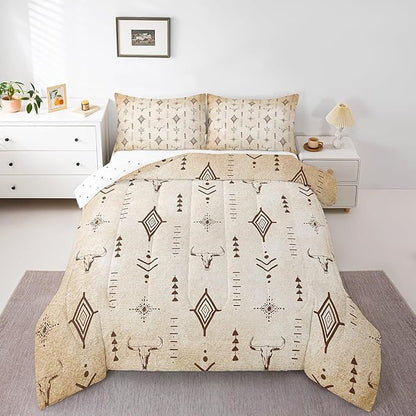 Feelyou Western Bull Skull Comforter Set Boho Ethnic Horns Bedding Set Twin Size Kids Adult Black Brown Tribal Symbol Mysterious Aztec Comforter