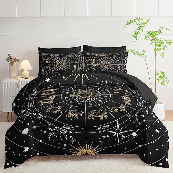 7 Piece Comforter Set Queen Galaxy，Celestial Bedding Set Queen Galaxy，(1 Comforter, 1 Flat Sheet, 1 Fitted Sheet, 2 Pillowcase and 2 Pillow Sham)