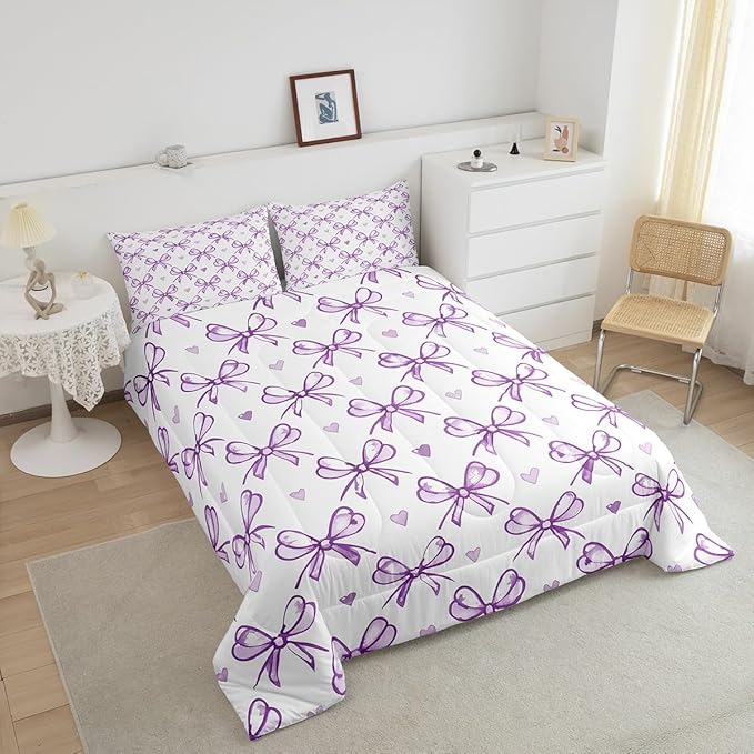 Purple Bow Girlish Comforter Set Twin Size,Bowknot Love Heart Cartoon Girly Bedding Set,Girls Women Room Decor,Bow Princess Style Romantic Down Comforter,Simple Chic Duvet Insert,1 Pillowcase