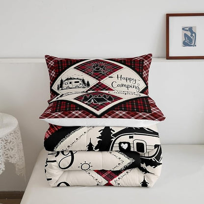 Feelyou Camper Comforter Set Toddler Size Kids Happy Camping Comforter for Boys Teens Wood Grain Fire Tree Camper Accessories for Travel Trailers Bedding Set Black Red Duvet Set Room Decor
