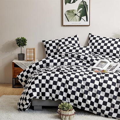 CLOTHKNOW Black White Plaid Full Size Comforter Sets Grid Bedding Comforter Sets Soft Checkered Comforter with 2 x Pillow Cases