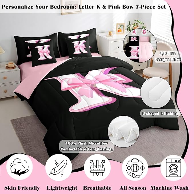 jejeloiu Kids Girls Black Pink Bow Comforter Set with Sheets King Size Monogrammed 7 Piece Bedding Set Personalized Initial K Bed in a Bag with Comforter,Sheets,Pillowcases Modern Fashion Bed Set