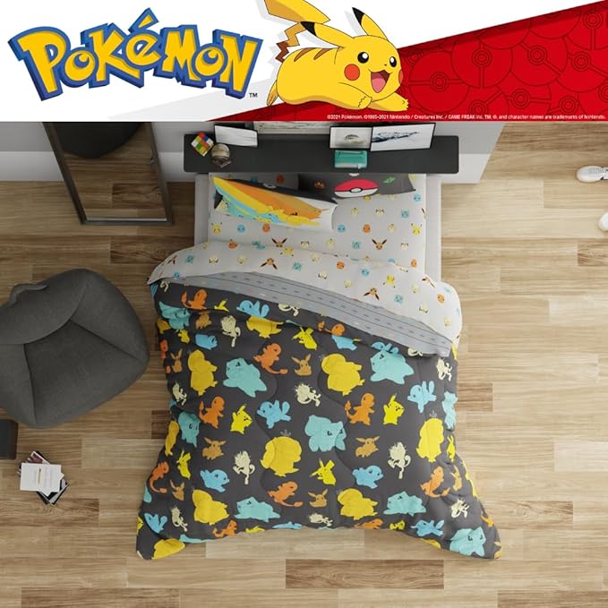 Pokemon Bedding Set, Full Size 7 Piece Set Kids Super Soft Cozy Reversible Comforter and Sheet Set with Sham, (100% Officially Licensed Product) by Franco