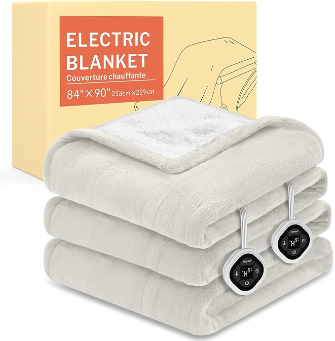HOMLYNS LuxeHeat Heated Blanket Electric Blanket Queen Size, Soft Flannel Sherpa Heating Blanket with 10 Heat Settings, 1-10 hrs Timer Auto Shut Off (84x90 inches, Cream)