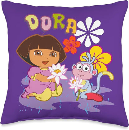 Dora The Explorer Boots The Monkey Flowers in The Rain Throw Pillow