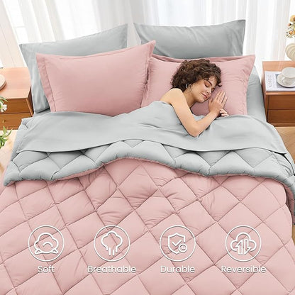 MUXHOMO 5 Pieces Twin XL Comforter Set, Reversible Bed in a Bag Twin XL Size, All Season Bedding Set with Comforter, Flat Sheet, Fitted Sheet, Pillowcases & Shams, Pink & Light Grey