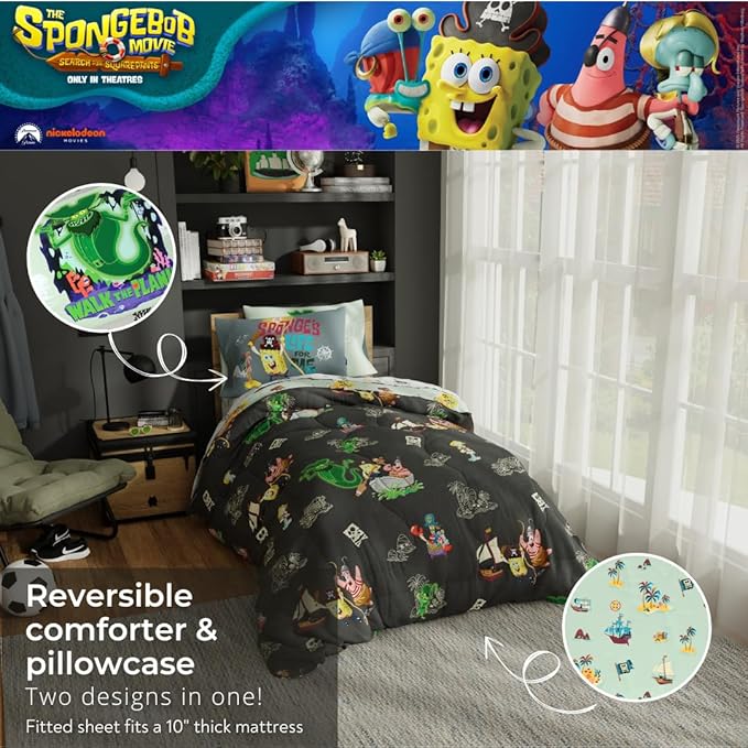 The Spongebob Movie: The Search for Squarepants Bedding Set – Roblox Reward Included - 5 Piece Twin Soft Reversible Comforter & Sheet Set, (Officially Licensed Product) by Franco Kids