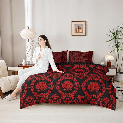 Erosebridal Black and Red Damask Queen Comforter Set with Sheets | Victorian Decor Gothic Vintage Floral 7-Piece Bedding Set Baroque Goth Bed in a Bag, Luxury Bohemian Bed Sets
