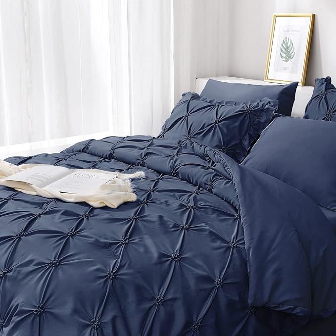 JOLLYVOGUE Navy Blue Cal King Size Comforter Sets 7 Pieces, Pintuck Bed in a Bag Comforter Set for Bedroom, Bedding Comforter Sets with Comforter, Sheets,Ruffled Shams & Pillowcases