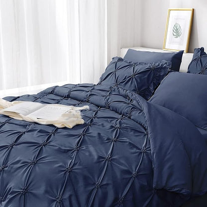 JOLLYVOGUE Navy Blue Cal King Size Comforter Sets 7 Pieces, Pintuck Bed in a Bag Comforter Set for Bedroom, Bedding Comforter Sets with Comforter, Sheets,Ruffled Shams & Pillowcases