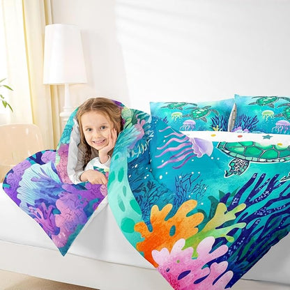 Sea Turtle Bedding Set Green Blue Ocean Down Comforter King,Colorful Underwater World Comforter Set for Kids Child,Nautical Sea Animal Reptile Bed Quilt Under Sea Fish Jellyfish Bedroom Decor