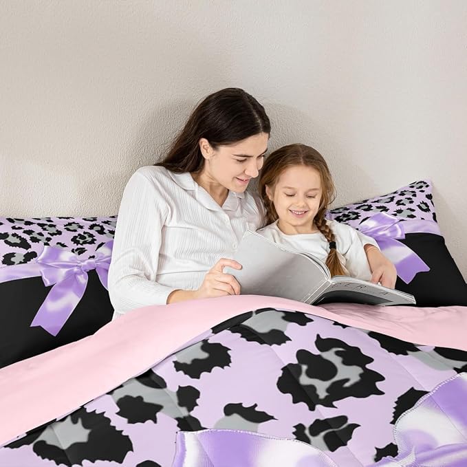 jejeloiu Purple Silk Bowknot Duvet Cover Full Size Grey Leopard Bedding Set for Kids Girls Women Black Purple Comforter Cover Set Sweet Romantic Bedspread Cover 3Pcs
