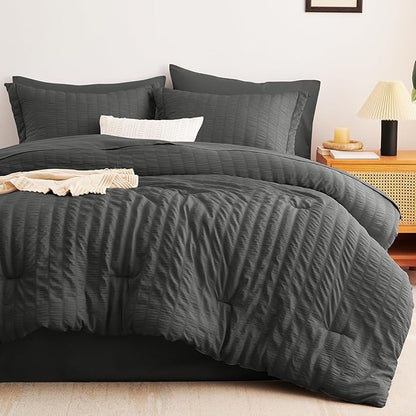CozyLux Oversized Queen Comforter Set Dark Grey Seersucker 7 Pieces 98x98 Bed in a Bag Comforter Set with Sheets, Luxury Soft Bedding Sets with Down Alternative Comforter, Sheets, Pillowcases & Shams