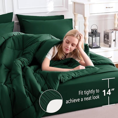 CozyLux Queen Comforter Set Emerald Green, 7 Pieces Bed in a Bag, Green Comforter Queen Size, All Season Bedding Sets with Stitch Quilted Comforter, Flat Sheet, Fitted Sheet, Pillowcases