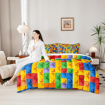 Feelyou Construction Games Comforter Set Queen Size 7 Pcs Kids Building Blocks Comforter Bed in a Bag Colorful Brick Bedding Set for Boys Girls Teens Bed Set with Sheets, Pillowcases, Pillow Covers
