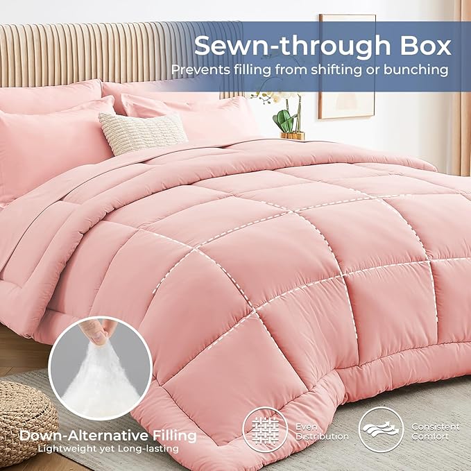 Sasttie Queen Comforter Set, Pink 7 Pieces Bed in a Bag Queen, Complete Bedding Set Includes Comforter, Flat Sheet, Fitted Sheet, Pillowcases and Pillow Shams, Pink