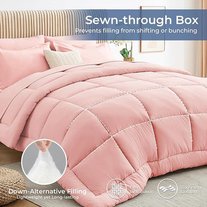 Sasttie Queen Comforter Set, Pink 7 Pieces Bed in a Bag Queen, Complete Bedding Set Includes Comforter, Flat Sheet, Fitted Sheet, Pillowcases and Pillow Shams, Pink