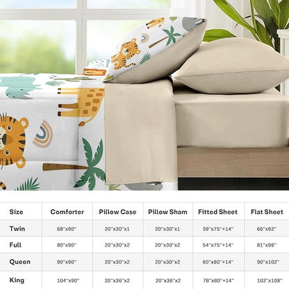 Nesker 7 Pcs Comforter Set Full Size, Cute Wild Animals Colorful Bedding Set for Kids and Adults, Lion Elephant Giraffe Cartoon Bed Sheet Sets with Fitted Sheet 2 Pillowcases & 2 Shams