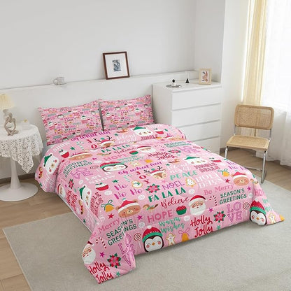 Pink Christmas Girls Comforter Set Full Size Cute Santa Claus Penguin Cartoon Bedding Set 3pcs for Kids Boys Women Xmas Decor Wild Animals Deer Quilt Set Pink Fantasy Duvet Insert,2 Pillowcases