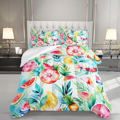 Tropical Fruit Comforter Set 3 Pcs King Size for Girls,Summer Plant Leaf Watermelon Pineapple Printed Beddind Set Quilts Set Lightweight Soft Microfiber Warm All Season with 2 Pillowcases