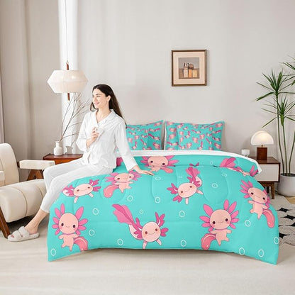 Erosebridal Axolotl Bed in A Bag King | Kawaii Pink Salamander Wildlife 7 Piece Comforter Set Wild Animals Sheet Set Breathable Lightweight Underwater World Fitted Sheet Reversible