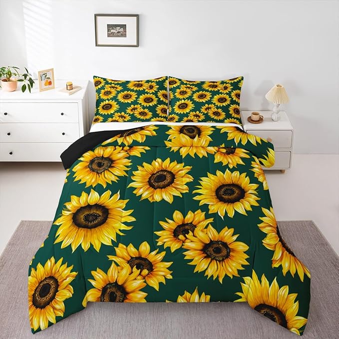 Erosebridal Sunflower Comforter Set Full Size 3D Floral Bedding Set for Kids Girls Women Adult Yellow Floral Down Comforter Botanical Flower Print Green Quilt Set Blossom Garden Duvet Set